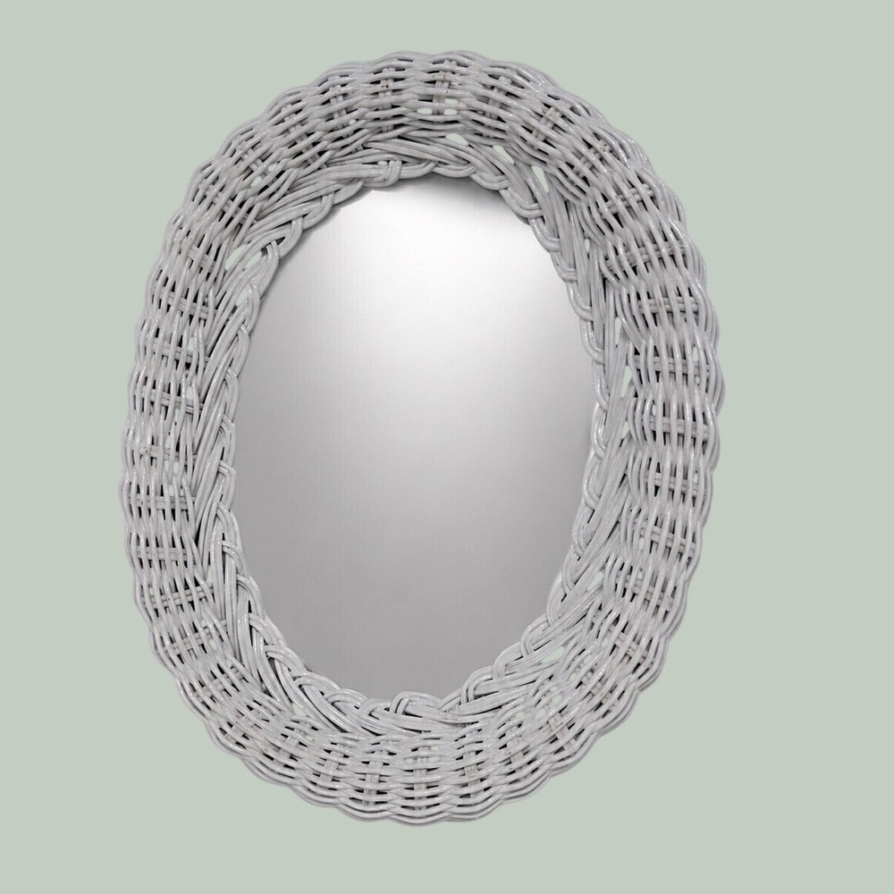 Vintage White Wicker Oval Wall Mirror Braided Frame Coastal Shabby Chic 11x8.5